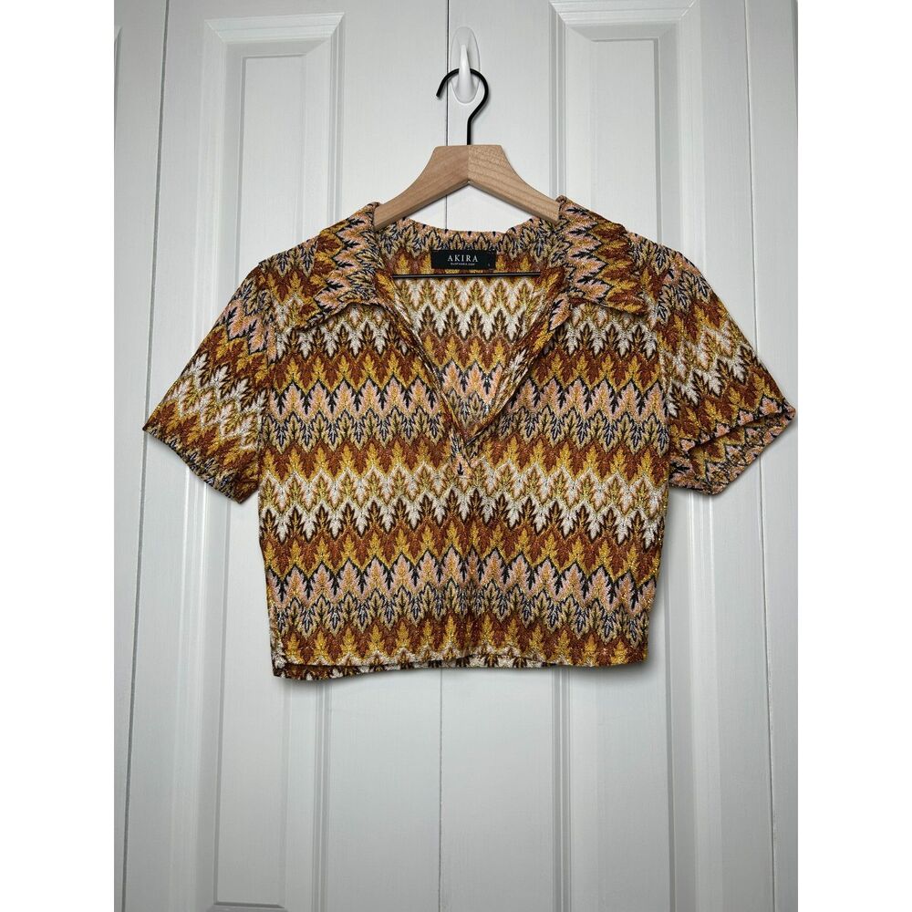 AKIRA Retro Metallic Chevron Zig Zag Cropped Polo Top Knit Size L